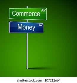 Vector direction road sign with commerce money words.