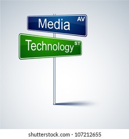 Señal de la ruta de dirección del vector con palabras de tecnología de medios.