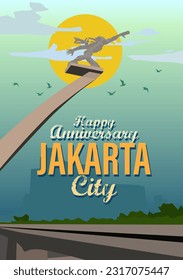 vector dirgantara monument statue pancoran street of Jakarta with blue sky and buildings background happy anniversary city