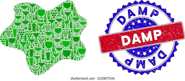 Vector dirt spot icon wine mosaic and grunge bicolor Damp seal stamp. Red and blue bicolored stamp with scratched texture and Damp text. Dirt spot mosaic icon is created with wine cups,