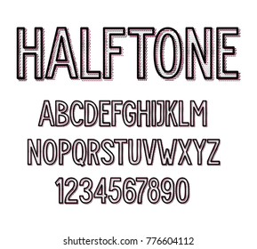 Vector dirty halftone font set isolated on white background. For logo, poster, banner. Uppercase letters and numbers.