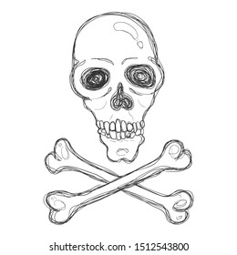 Vector Dirty Sketch Skull and Crossbones. Hand Drawn Pirates Sign.
