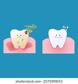 vector of dirty yellow teeth with holes and smells with a sad expression and radiant white teeth with a happy expression, suitable for a campaign to maintain dental hygiene in children