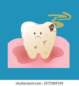 vector of a dirty yellow tooth with holes and a smell with a sad facial expression, suitable for a campaign to maintain dental hygiene in children