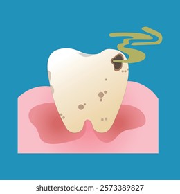 vector of a dirty yellow tooth with holes and a smell, suitable for a campaign to maintain dental hygiene in children