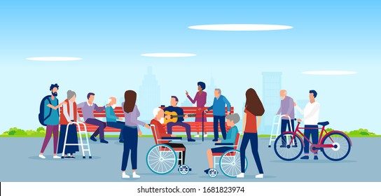 Vector of disabled elderly people, handicapped characters being assisted and entertained by young volunteers in the city park 