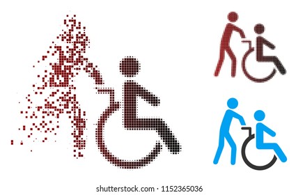 Vector disabled person transportation icon in fractured, dotted halftone and undamaged whole variants. Disappearing effect involves rectangle particles and horizontal gradient from red to black.
