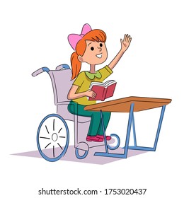Vektorbehinderte Schülerin im Rollstuhlstuhlstuhl in der Schule. Behinderte Kinder halten das Buch am Tisch und heben Hand. Kind mit speziellen Bedürfnissen Bildung. Girl-Charakter einzeln auf weißem Hintergrund