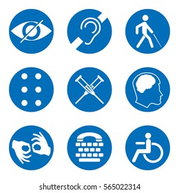 Vector disabled signs with deaf, dumb, mute, blind, braille font, mental disease, low vision, wheelchair icons. Collection of mandatory signs for public places and web design.