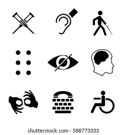 Vector disabled signs with deaf, mute, blind, braille font, mental disease, low vision, wheelchair icons. Collection of mandatory signs for public places and web design