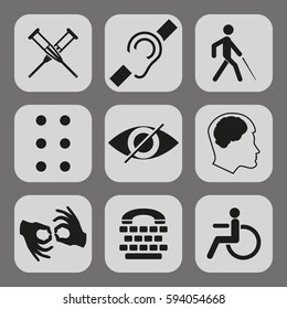 Vector disabled signs with deaf, mute, blind, braille font, mental disease, low vision, wheelchair icons. Collection of mandatory signs for public places and web design