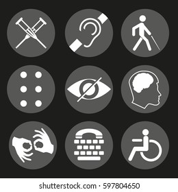 Vector disabled signs with deaf, mute, blind, braille font, mental disease, low vision, wheelchair icons. Collection of mandatory signs for public places and web design.