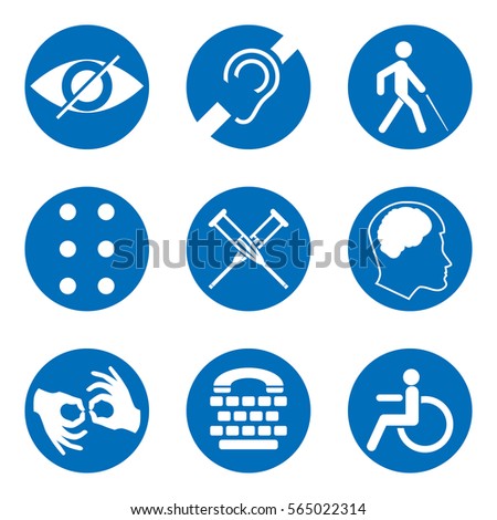 Vector disabled signs with deaf,, mute, blind, braille font, mental disease, low vision, wheelchair icons. Collection of mandatory signs for public places and web design.