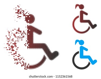 Vector disabled woman icon in fractured, dotted halftone and undamaged whole variants. Disintegration effect uses rectangular particles and horizontal gradient from red to black.
