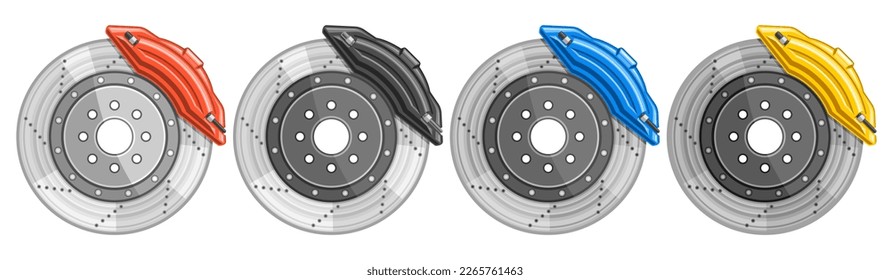 Vector Disc Brakes Set, horizontal decorative banner with collection of cut out illustrations four brake discs in a row, 4 brake system with colorful caliper assembly on white background