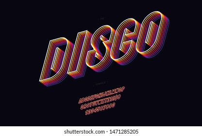 Vector Disco 3d Font 80s Style Modern Typography. Cool Vintage Typeface For  Party Poster, T Shirt, Decoration, Logotype, Book, Card, Sale Banner, Printing On Fabric. Trendy Alphabet. 10 Eps