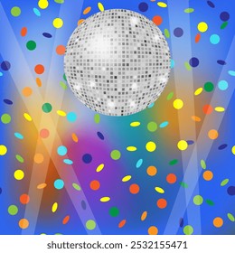 Vector disco ball with confetti pattern. Light snow. Colorful bright background. Dance party in a night club.