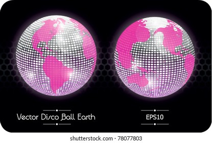Vector disco ball globe, glossy earth, America and East Asia