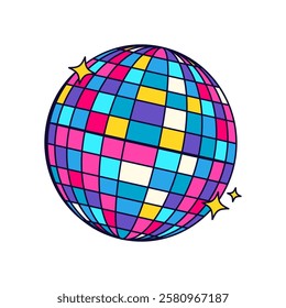 Vector disco ball retro icon. Vintage music and discotheque, night club party and 90s dancing, celebration sphere. Globe for 80s holiday and festive entertainment. Mirrorball for dance. Disco ball.