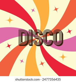 Vector disco black 3d font on  colorful vintage sunburst. For posters,  sale banners and cards 