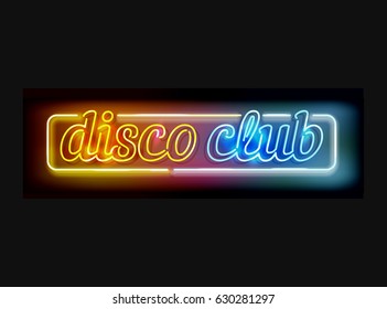 Vector disco club sign - neon lamps made in letter shapes, retro style advertising in yellow, orange and blue colors isolated on black - transparent lights and lamps.