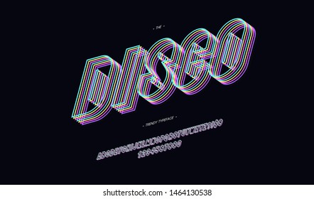 Vector disco font 3d bold line style modern typography. Cool vintage typeface for decoration, logotype, poster, t shirt, book, card, banner, printing on fabric, industrial. Trendy alphabet. 10 eps