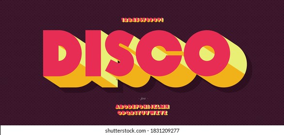 Vector disco font 3d bold style trendy typography for poster, event decoration, motion, video, game, t shirt, book, banner. Cool typeface. Modern alphabet. 10 eps