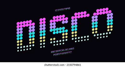 Vector disco font neon color dot halftone style modern typography. Cool vintage typeface for decoration, logotype, poster, t shirt, book, card, sale banner, printing on fabric, industrial. Trendy alph
