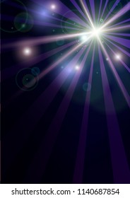 Vector disco glow background. Blue and violet neon rays and lights backdrop design for dance party stage background. Space and cosmic stars light on black background. Template with place for your text