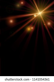 Vector disco glow background. Gold (yellow) neon rays and lights backdrop design for dance party stage background. Space and cosmic stars light on black background. Template with place for your text.