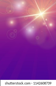 Vector disco glow background. Violet neon rays and flashlights backdrop design for dance party stage background. Space and cosmic stars light on lilac background. Template with place for your text.