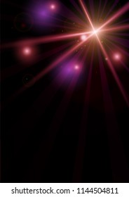 Vector disco glow background. Violet neon rays and flashlights backdrop design for dance party stage background. Space and cosmic stars light on black background. Template with place for your text.