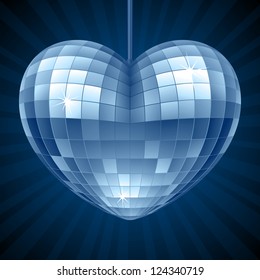 Vector Disco Heart. Blue Mirror Disco Ball In The Shape Of Heart