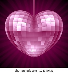 Vector Disco Heart. Purple Mirror Disco Ball In The Shape Of Heart