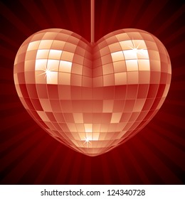 Vector Disco Heart. Red Mirror Disco Ball In The Shape Of Heart