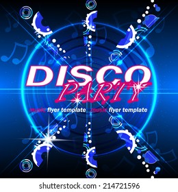 Vector disco party flyer template with shiny background and musical note