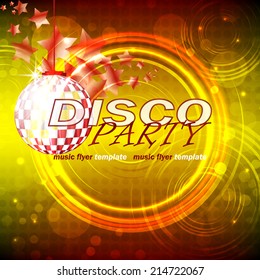 Vector disco party flyer template with shiny background and red disco ball, stars and light elements