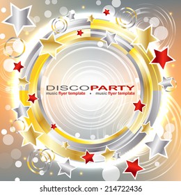 Vector disco party flyer template with shiny background, gold, red and silver stars and bubbles on the background