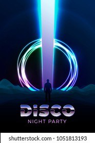 Vector disco poster design template in 80s retro futurism style, with bright beam over the mountains. With a man standing in front of it, adventure travel concept.