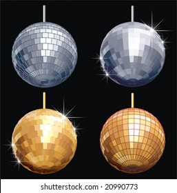 Vector disco-ball set isolated separate by layers and groups: mirrors, frames, stars and background. No gradients, no transparency.