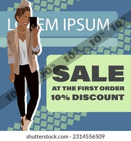 vector discount banner with a 10% discount on the first order with the image of a stylish girl on a background in blue shades and with a place for text