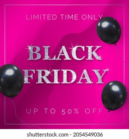 Vector Discount Banner. Glitter Text Black Friday. Dark Flowing Watercolor Abstract Texture. 3d Balloons. Pink Background.