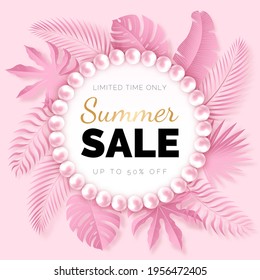 Vector Discount Banner with Iridescent Pastel Pink Tropical Leaves.Text Summer Sale. White Circle with Pearl Frame. Exotic Poster.