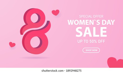 Banner de descuento vectorial para el 8 de marzo con efecto 3D. Día Internacional de la Mujer 3d número 8 en la forma de una niña que saluda. Se puede usar en folletos, postales. Fondo de venta.