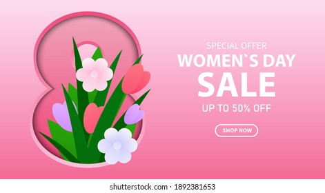 Vector discount banner for March 8th with 3d effect. International Women's Day. A bouquet of flowers that climbs out from under a blue background. Can be used on brochures, postcards. Sale background.