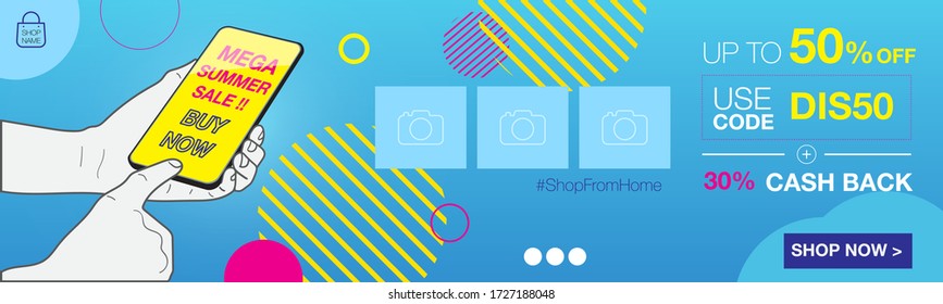 Vector Discount-Banner-Mockup mit Handgriff auf mobile und Design-Layout-Hintergrund für die Anzeige von Produktwerbung auf Online-Medien