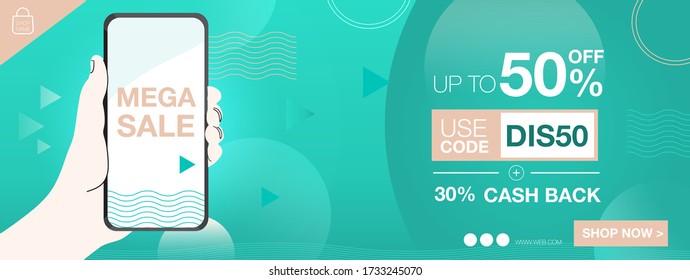 Vector discount banner mockup with hand holding mobile and design layout background for display of  product advertising on online media