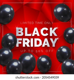 Vector Discount Banner. Silver Text Black Friday. Poligonal Gloossy Texture. 3d Balloons. Shiny Red Background.