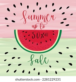 Banner de descuento vectorial con una tajada de sandía sobre un fondo rojo-verde. Ilustración vectorial de verano para afiches, banner, publicidad de descuento.