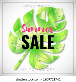 Vector Discount Banner. Text Summer Sale. Big Tropical Leaf. Green Glossy Polygonal Monstera. Poster Template. 